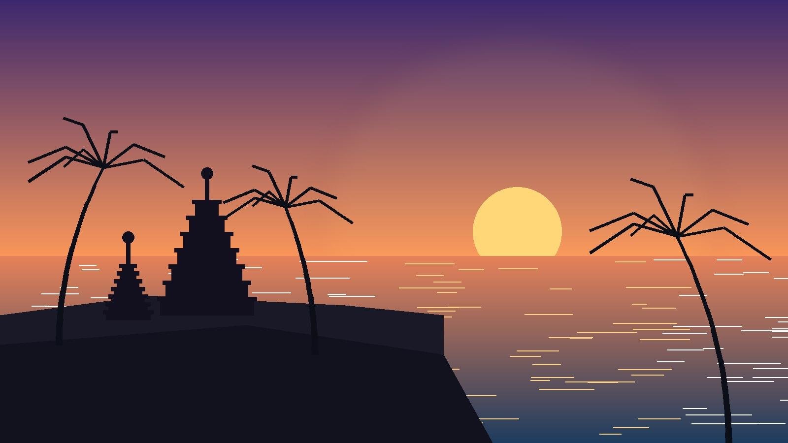Silhouette of two temple towers and palm trees on a headland as the sun sets over the sea