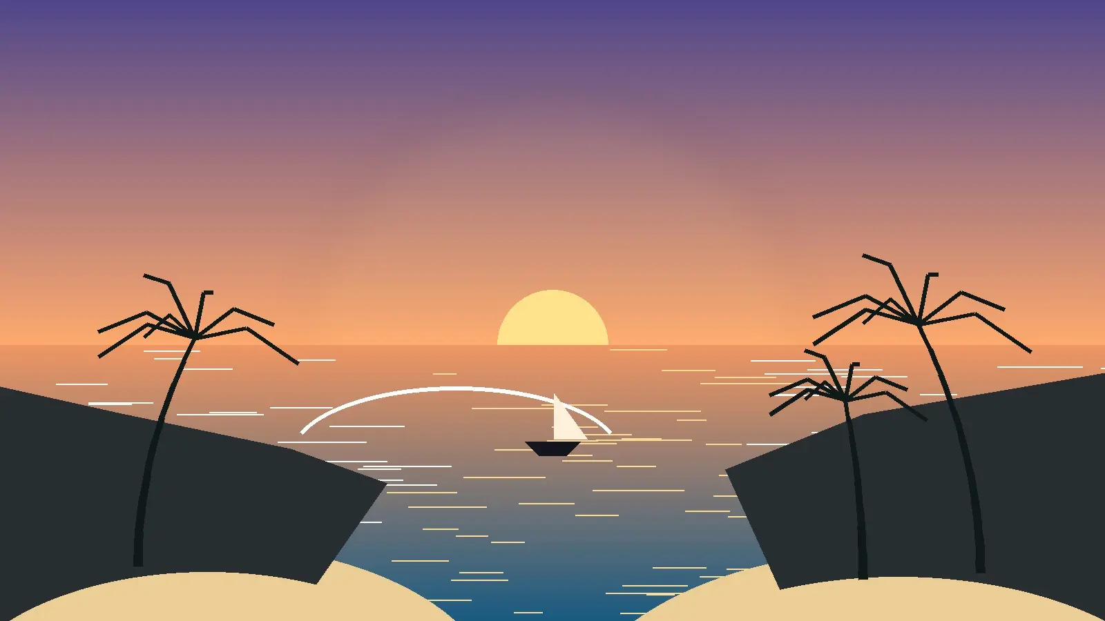 Illustration of a winding track through green Western Ghats hills down to a bay with sailing boats
