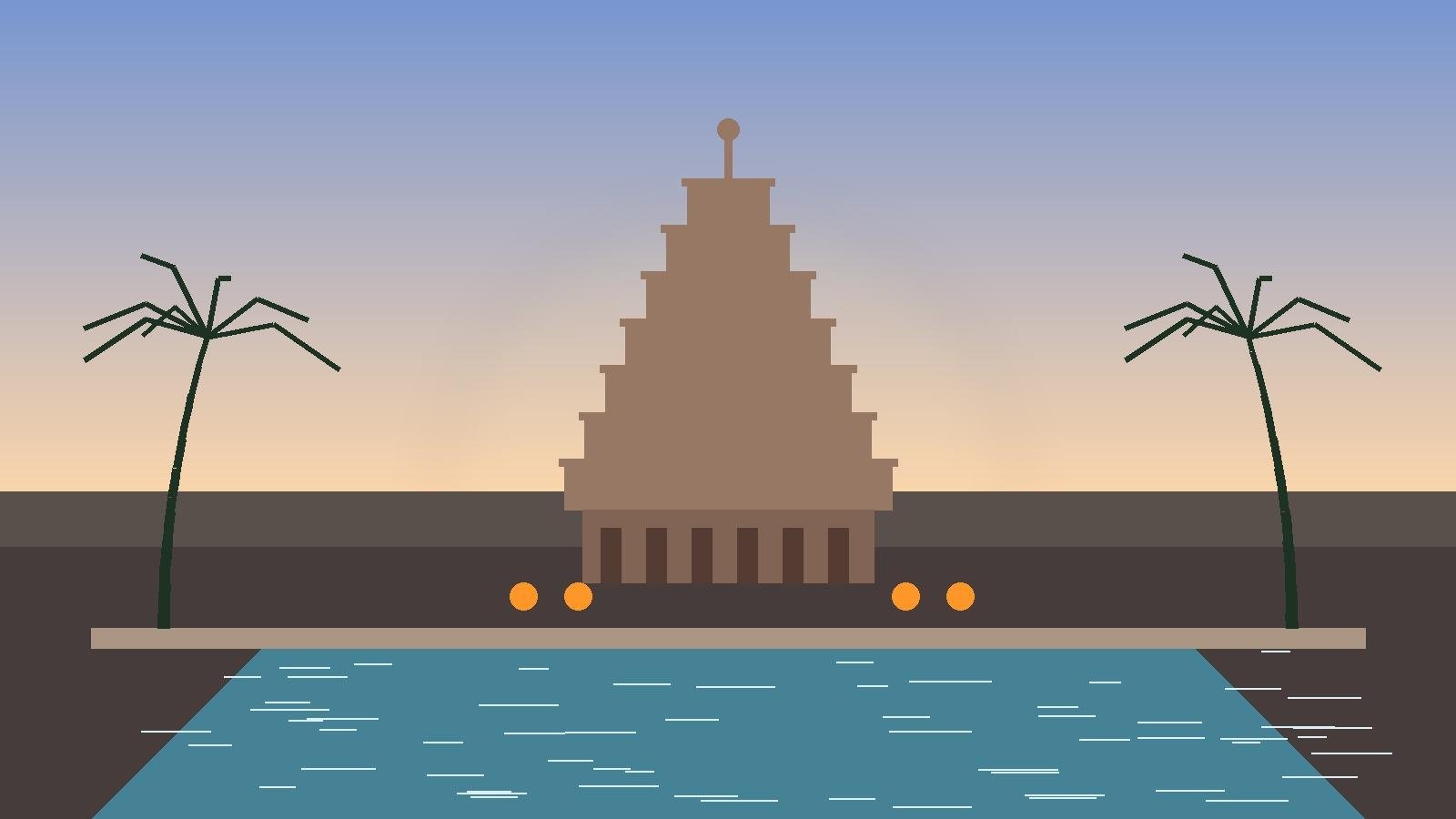Illustration of a stepped temple tower at dusk beside the sacred tank with lamps lit along the steps