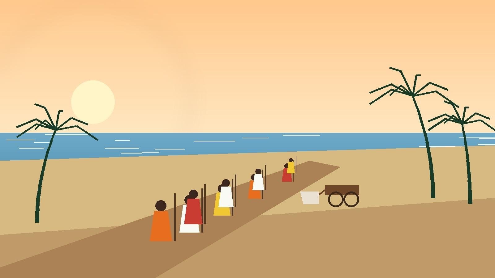Illustration of a line of pilgrims in orange, red, yellow and white walking along the beach toward the sea with a bullock cart nearby