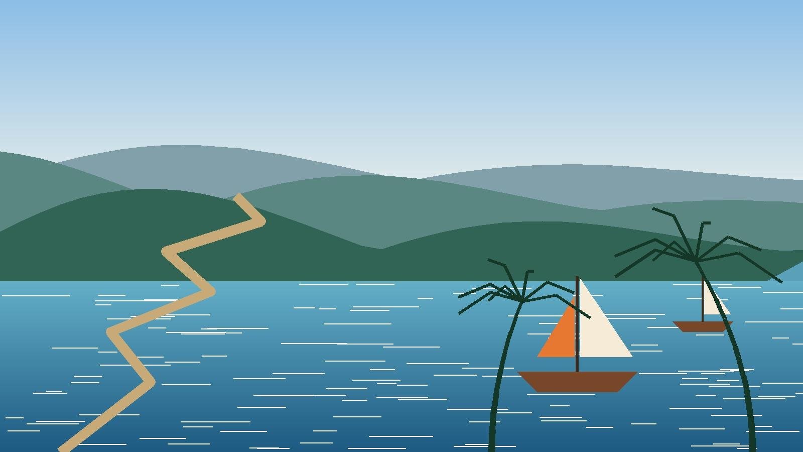 Illustration of a small sailboat on the Arabian Sea at sunset between two palm-covered headlands